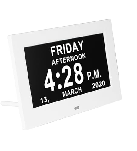 ALLOMN Große Digitale Tages Kalenderuhr, 7 Zoll Demenz Uhr mit Tag und Datum für ältere Menschen, Alzheimer-Uhr mit 12 Alarmoptionen für Senioren, Sehbehinderte, Gedächtnisverlust (Weiß)