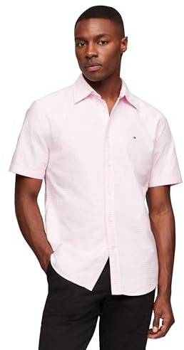 Tommy Hilfiger Kurzärmeliges Oxford-Hemd mit normaler Passform für Herren mit Knopfleiste, Klassisches Rosa/Karomuster, XL