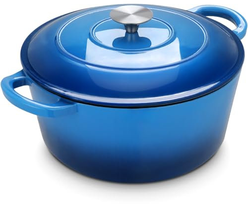 LIFERUN Pentola da forno olandese in ghisa smaltata da 6 qt, con coperchio, adatta al forno fino a 260 °C, antiaderente con doppi manici per cuocere il pane, brasare, stufati, arrostire (blu)