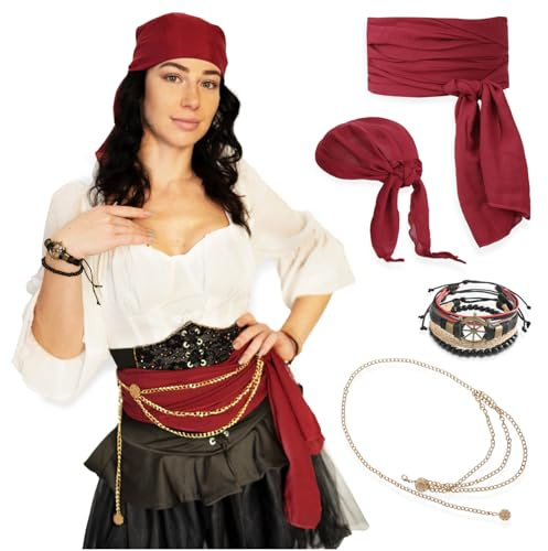 Festicy Piratenkostüm Damen Zubehör 2026 Bordeauxrotes Kopftuch I passender Taillengürtel Taillenkette, Lederarmband I Piraten Accessoires Damen für Dein Piraten Kostüm Frauen