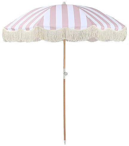 Retro Hawaii-Strandschirm mit Quaste, gestreiftes Design, verstellbarer Polyesterstoff, Regenschirm für Strand, Garten, Pool und Terrasse, 1,8 m, Rot/Weiß, gestreift, 1.8m(6ft)
