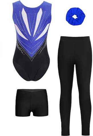 Miutii 4tlg.Mädchen Turnanzug Glitzer Gymnastikanzug mit Shorts Hose und Haargummi Ärmellos Ballettanzug Gymnastik Leotard Eislaufen Tanzkostüm