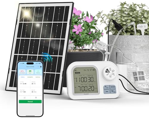 Raddy WS-74 Solar Bewässerungssystem mit Smart App-Steuerung, IPX7 Wasserdicht, Einstellbarer Bodenfeuchtesensor, 2600mAh Akku, Automatisches Tropfbewässerung Set für 15 Topfpflanzen