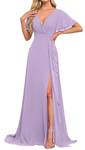 Vestidos de dama de honor de gasa para mujer, para boda, cuello en V, vestidos largos formales de noche, vestidos de fiesta sin espalda, talla grande, Lila, 48