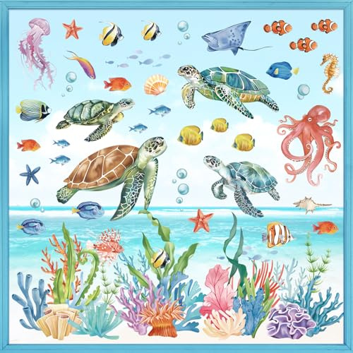 wondever Stickers Fenetre Sous la Mer Tortue Autocollant Fenêtre Créature de L'océan Poisson Algues Electrostatique Anti-Collision Décoration pour Printemps Été Vitre Stickers