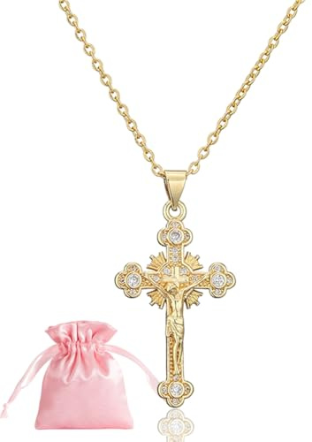 KGDUYC Damen Goldkreuz-Kette mit AAA Zirkonien-Anhänger - Modeschmuck für Frauen und Mädchen - Cross Necklace mit Samtbeutel