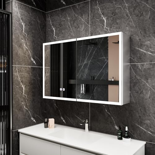 Gunuss Spiegelschrank Bad mit Beleuchtung 80x60 – LED Badspiegel mit Ablage, Steckdose, Antibeschlag, Touch-Schalter – Wandmontage für modernes Badezimmer