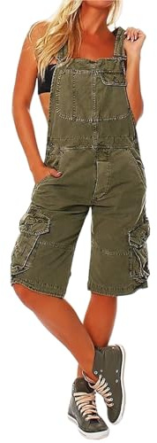 Sawmew Damen Denim Short-Overall Lässige Latzhose Boyfriend-Style Knielanger Jumpsuit mit Weitem Bein Verstellbare Träger Vintage Einfarbig mit Cargo-Taschen(Green,M)