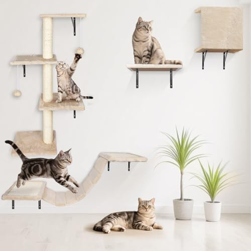 Thihome Cat Wall Furniture, Cat Scratching Post, Indoor Cat Tree with 4-Step Cats Steps, House, Hammock, Wall Mounted Condos and Hanging Ball - Beige