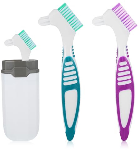 Tucnoeu Lot de 2 brosses de nettoyage pour dentier, brosse à dents avec étui, brosse à poils multicouches, poignée ergonomique en caoutchouc pour le nettoyage des fausses dents (vert, violet)