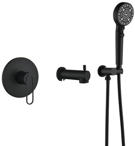 Taplong Wall Mount Tub Faucet Set, Matte Black Roman Tub Filler with 8-Mode Handheld Shower Head, ON/OFF Pause Switch Sprayer, High Flow Wall Mounted Bathtub Faucet with Rough-In Valve-TP046B
