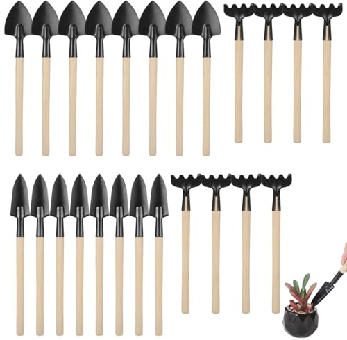 Lot de 8 mini outils de jardinage portables avec poignée en bois, kit d'outils à main en acier avec râteau, truelle, pelle pour bonsaï, plantes grasses, herbes, plantes d'intérieur, petit pot de