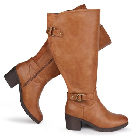 Chicblooms Bottes d'équitation pour femme, mollet large, montantes jusqu'au genou, avec talon bloc et double boucle décorative