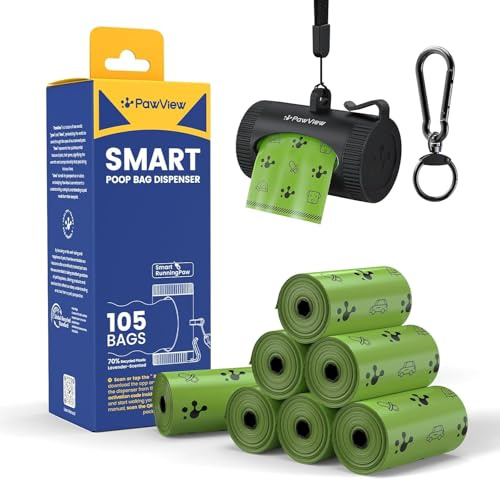 PawView Aufrollbarer Hundekotbeutelspender für Leine und gürtel mit Kotbeutel 7 Rollens (105 Stück) Hundekotbeutel extra stark mit duft，Hundekotbeutelhalter klein,wasserdicht und robust schwarz DE