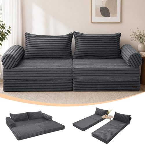 MeMoreCool Futon Schlafsofa, Faltbares Bodensofa mit Kissen, Grau | Bequemes Klappsofa mit Schlaffunktion, Ideal als Gästebett und Lounge Sofa für Wohnungen mit Wenig Platz