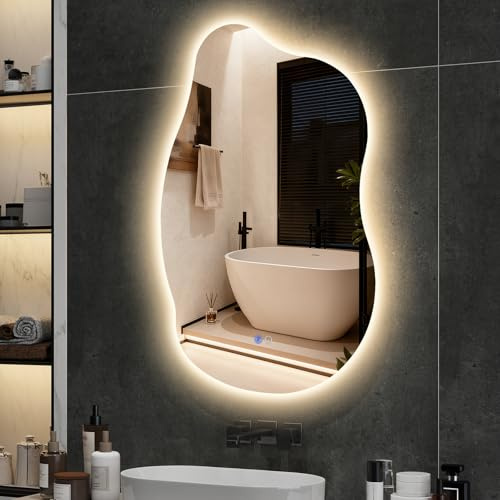 YU YUSING Badezimmerspiegel Badspiegel mit Beleuchtung in Asymmetrischer | 3 Einstellbare Lichtfarben Touch-Schalter Beschlagfrei IP44, Horizontal/Vertikal, 55x85cm