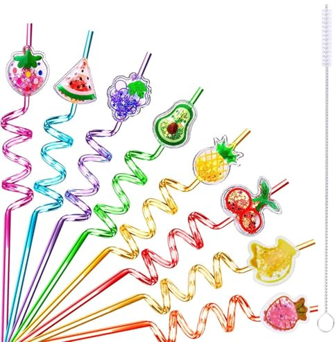 8 Pcs Party Curly Straws Reusable Drinking Straw with Stainless Steel Straw Cleaning Brush Plastic Novelty Cartoon Theme Spiral Straws for Adults Boys Girls Birthday Party Decoration (Glitter Fruit)