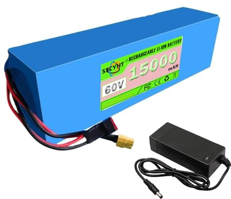 SSCYHT 60v15ah, Lithium-Akkupack 60V 10Ah 12Ah 15Ah 20Ah für Scooter mit integriertem BMS für 0-1200W Motorkit, inklusive Ladegerät und XT60 + T-Stecker