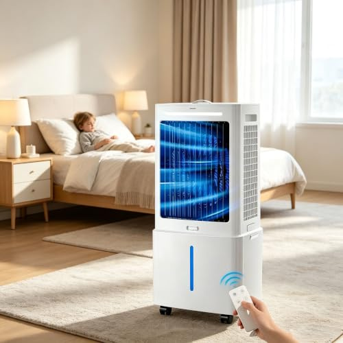 Enfriador evaporativo de 25 litros, aire acondicionado portátil sin ventana con depósito de agua, enfriador de aire evaporativo con control remoto, 3 velocidades, temporizador de 12 horas