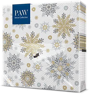PAW - Serviette Papier - 3 Plis (33 x 33 cm) I Lot de 20 I Serviette de Table Papier avec un Motif de Noël, de Neige et d'étoiles I Décoration de Table Idéale pour Noël (Snowflakes silver)