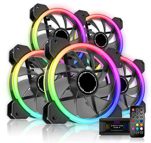 EZDIY-FAB Ventilateurs à Double Anneau RGB 120mm,5V Sync Carte Mère,Vitesse Réglable,Ventilateur RGB Sync avec Moyeu de Ventilateur X et Remote-5 Pack
