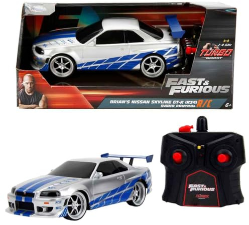 Jada Toys - Fast & Furious 2002 Nissan GT-R R34 RC Car - Maßstab 1:24-2.4GHz Fernsteuerung - Turbo Funktion - Spielzeug für Kinder und Erwachsene - Silber