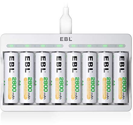 EBL Cargador Rápido de Pilas con 8 x AA Pilas Recargables, Cargador 8 Ranuras Independientes, Carga USB y Protección Múltiple