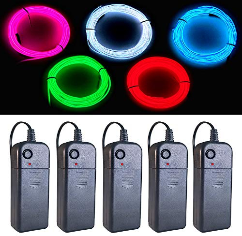 MaxLax EL Wire 5 Pack, 9ft Neon Light Wire Noise Reduction with Battery Pack(Green, Blue, Red, White, Pink)… (9ft)