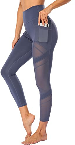 WE CUFFLLE Women's Mesh High Waist Leggings Yoga Pants with Pockets Tummy Control 4 Way Stretch Workout Yoga Leggings Dusty Blue