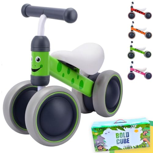 BOLDCUBE Baby Balance Bike for 6-12 Months, Green Frog, Up to 20kg | 4 Wide Wheels, Foam-Grip Handlebars & Supportive Plush Seat, Toddler Bike for Girls & Boys