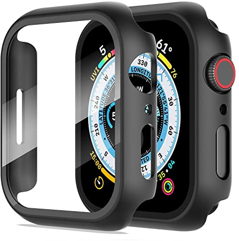 Diruite 2-Stück Hülle für Apple Watch Series 9/8/7 45mm Hartglas Schutzhülle Hard PC Ultradünne Glas Schutz Case Rundum Displayschutz,Schwarz,45mm