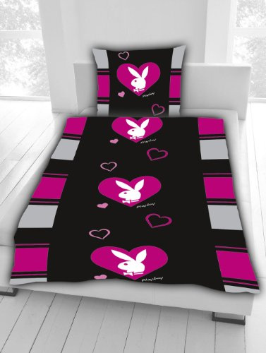 Tex Idea Playboy Bettwäsche glatt Playboy Bunny Herzen Liebe Partner 100% Baumwolle Reißverschluss NEU Wow - All-In-One-Outlet-24 - (135 x 200 cm)