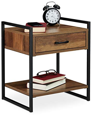 2 x Nachttisch, Schublade, Industrial, Beistelltisch Wohn- & Schlafzimmer, Metall, HBT: 50x43x37 cm, Holzoptik/schwarz