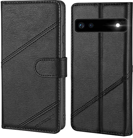 KRAFTCARE Handyhülle für Google Pixel 6A Hülle | Klapphülle mit Premium PU Leder, 3 Kartenfächer + Geldscheinfach, Ständer, Stoßfeste, RFID Blockierung, Schwarz