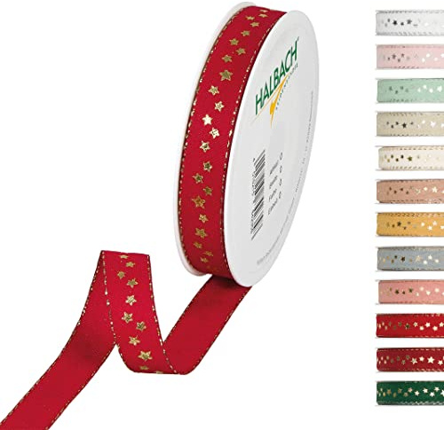Halbach Weihnachtsband mit Sternen, 15 mm x 18 m, weinrot/gold | Waschbares Schleifenband in Baumwolloptik, Made in Germany, zum Verpacken und Dekorieren von Weihnachtsgeschenken