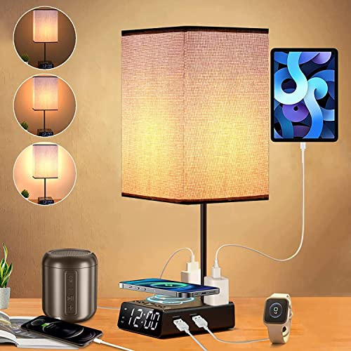 Bedside lamp with USB Ports & AC Outlets, 15W Wireless Charger & Clock, 3 Way Dimmable Touch Nightstand, Grey Shade & Black Base