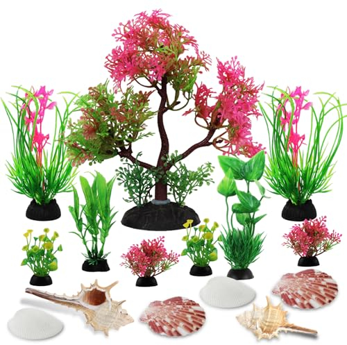 QUOZUO 15 Stück Aquarium Pflanzen Dekoration, Bunt Aquarium Kunststoffpflanzen mit Natural Seashells, Fisch Tank aquariumpflanzen