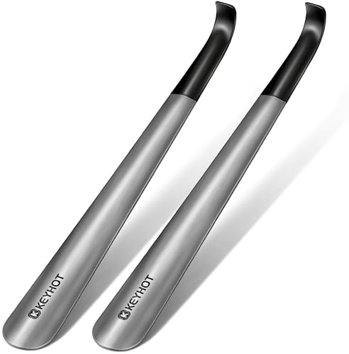 KEYHOT Shoe Horn Long Handle for Seniors Men Women,Long Metal Shoehorn for Boots,16.5 Stainless Steel Shoe Spoon Helper(Sanding Silver, 2PCS)