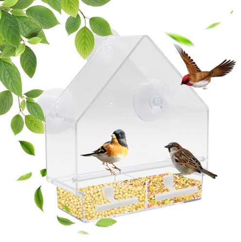 Window Bird Feeder with Strong Suction Cups Clear Window Hanging Bird Feeder Plastic Wild Bird Feeder House Bird Feeding Station for Garden Outdoor Backyard Wildlife Little Birds