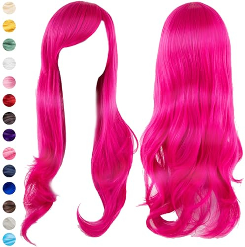 Pelucas Largas Onduladas para Mujer, 24 Pulgada/ 70cm Rosa roja Peluca Sintética de Onda Natural Larga, Flequillo Pelo Natural Largo Ondulada, para Cosplay Fiestas Carnaval Halloween Pascua