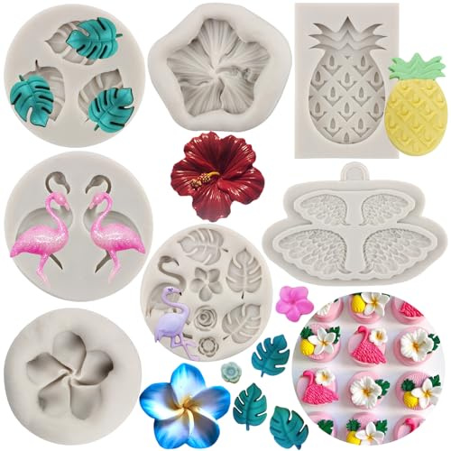 MYPRACS Lot de 7 moules en silicone en forme de feuille tropicale, flamant rose, hibiscus, fleur de plumeria, moule à chocolat, ailes d'ananas, moule à bonbons pour décoration de gâteau, décoration de