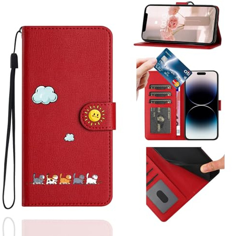Jeffene Custodia Portafoglio per iPhone 11 con Porta Carte,Rosso | Flip Cover in Pelle PU, Design Gatto Carino, Con Cordino, Chiusura Magnetica, Antiurto, 3 Porta Carte, Supporto Stand