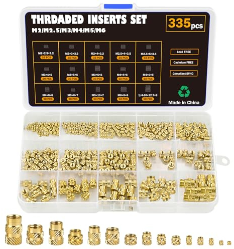 Philtool Inserto filettato in ottone 335 pezzi, filettatura a fusione M2 M2.5 M3 M4 M5 M6 per parti in plastica, dadi zigrinati con scatola, adatto per stampanti 3D e progetti fai da te