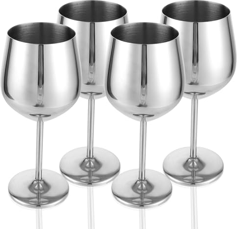 Oungy Lot de 4 verres à vin en acier inoxydable - 530 ml - Verres à vin rouge - Pour les fêtes, le camping - Pour bar, mariage, anniversaire, fête d'anniversaire - Argenté