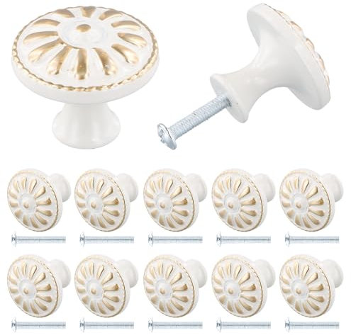 Jinlaili 10PCS Vintage Pomo de Armario Redondo, 35MM Retro Tirador para Cajón, Pomos y Tiradores de Muebles, Pomos Tiradores de Muebles, Armarios de Cocina, Cajones, Pomos para Puertas (B-Blanco)