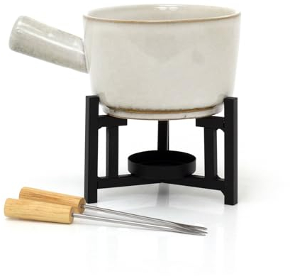 Carousel Home Stoneware Fondue Set | Ceramic Chocolate Tea Light Candle Fondue Set Fondue Pot with 2 Forks | Cream Porcelain Cheese Fondue Pan and Stand