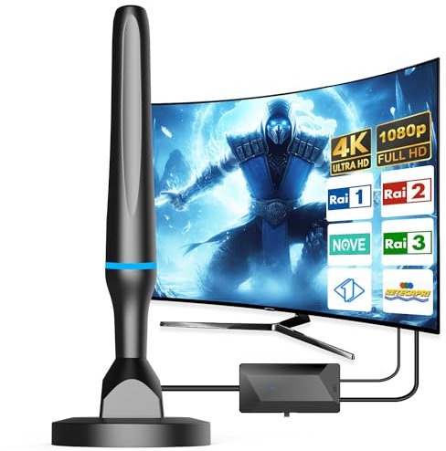 Antenna TV Interna Amplificata Potente - Antenna Digitale Terrestre Interni ed Esterni DVB-T/DVB-T 2 - Antenna TV Portatile con Base Magnetica, Supporta 4K HD/VHF/UHF per Smart Televisione/Radio