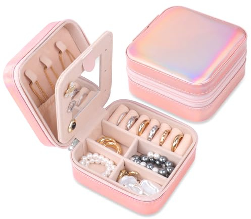 hoinya Travel Jewellery Box, Small Jewelry Organiser Case with Mirror, Velvet Lining Jewellery Pouch for Rings, Earrings, Birthday Gift for Women Teenage Girls, Mothers Day Christmas Valentine Gift