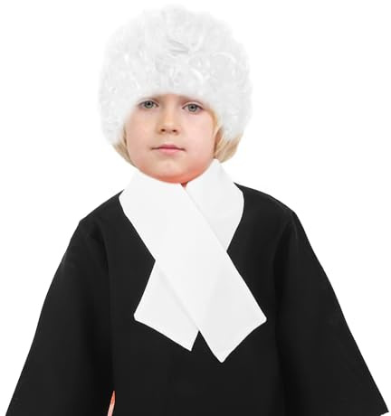 Domare Kostym Set Med Peruk och Rock - Advokat Outfit Med Falsk Krage - Unisex Vit Domstol Tillbehör för Barn Föreställningar Cosplay