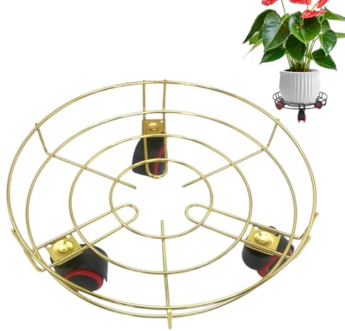 Pasdrucn 1 Stück Pflanzenroller Rund Eisen, Pflanzenroller Outdoor Aus Metall, Blumentopf Untersetzer Mit Kunststoff Rollen, Blumenroller Mit Rollen, Blumen Untersetzer Mit Rollen (Gold)
